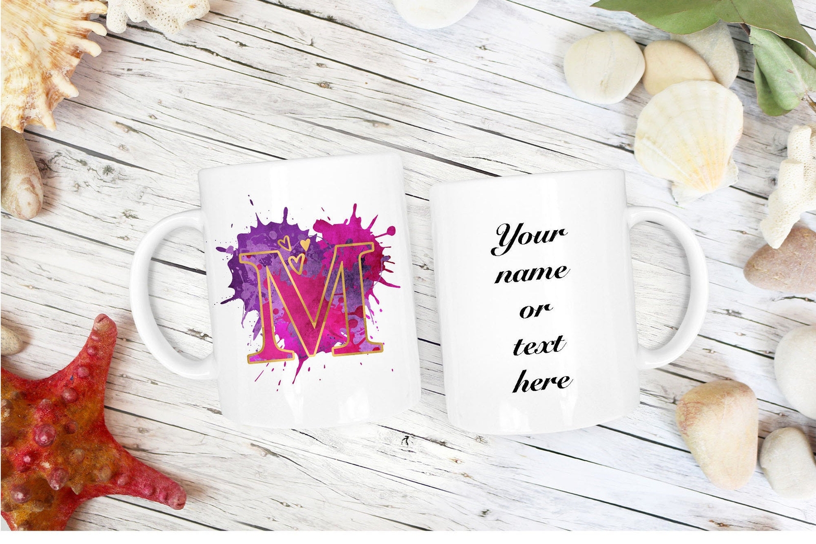 Personalised Initial Name Mug Purple Paint Splash With Any Letter A Z With Name