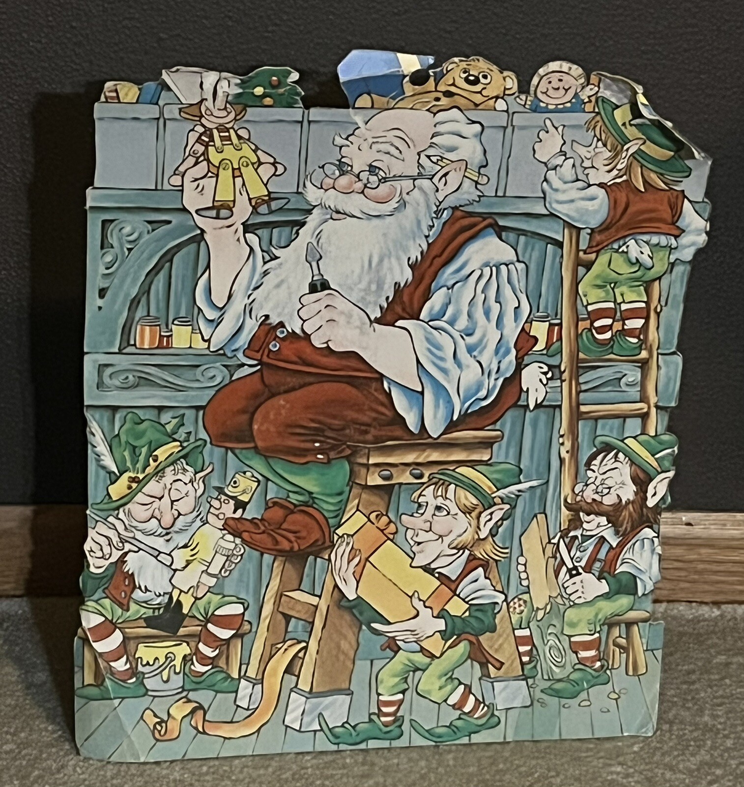 Vintage 1980s Santa Claus Workshop Elves Paper Wall Hanging Christmas Decor