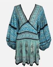 Free People Shirt Mini Dress XS Babydoll Puff Sleeve Festival Boho Hippie
