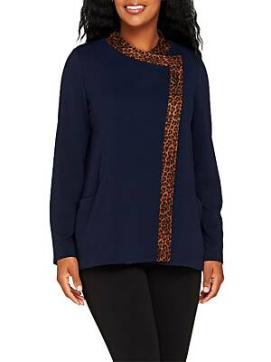 GEORGE SIMONTON Size L Pebble Crepe Jacket with Animal Print Trim NAVY