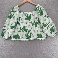 Tahari Top Womens Large Green Floral Linen Flax Off Shoulder Long Balloon Sleeve