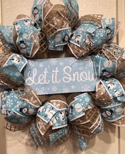 Farmhouse LET IT SNOW   Burlap SNOWMAN WINTER WREATH Deco Mesh RUSTIC SnowflakeS