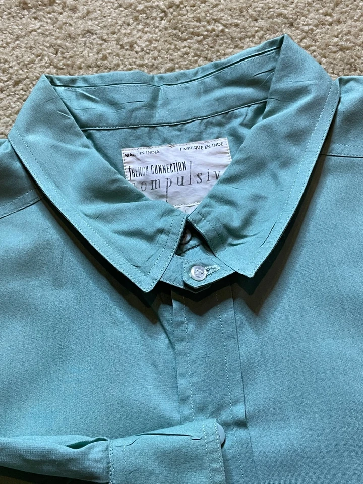 Vintage French Connection Minimalist Tab Loop Collar Green Button Up Shirt Large - Image 2 of 4