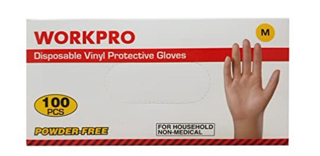 Workpro Disposable Gloves Vinyl Powder Free Protective, Medium, Case of