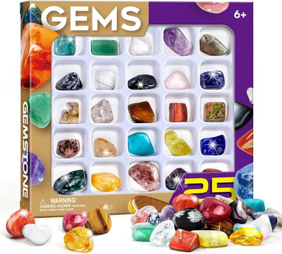 Rock Collection Box for Kids - 25 Unique Gemstones- Educational Science Kit, Gre