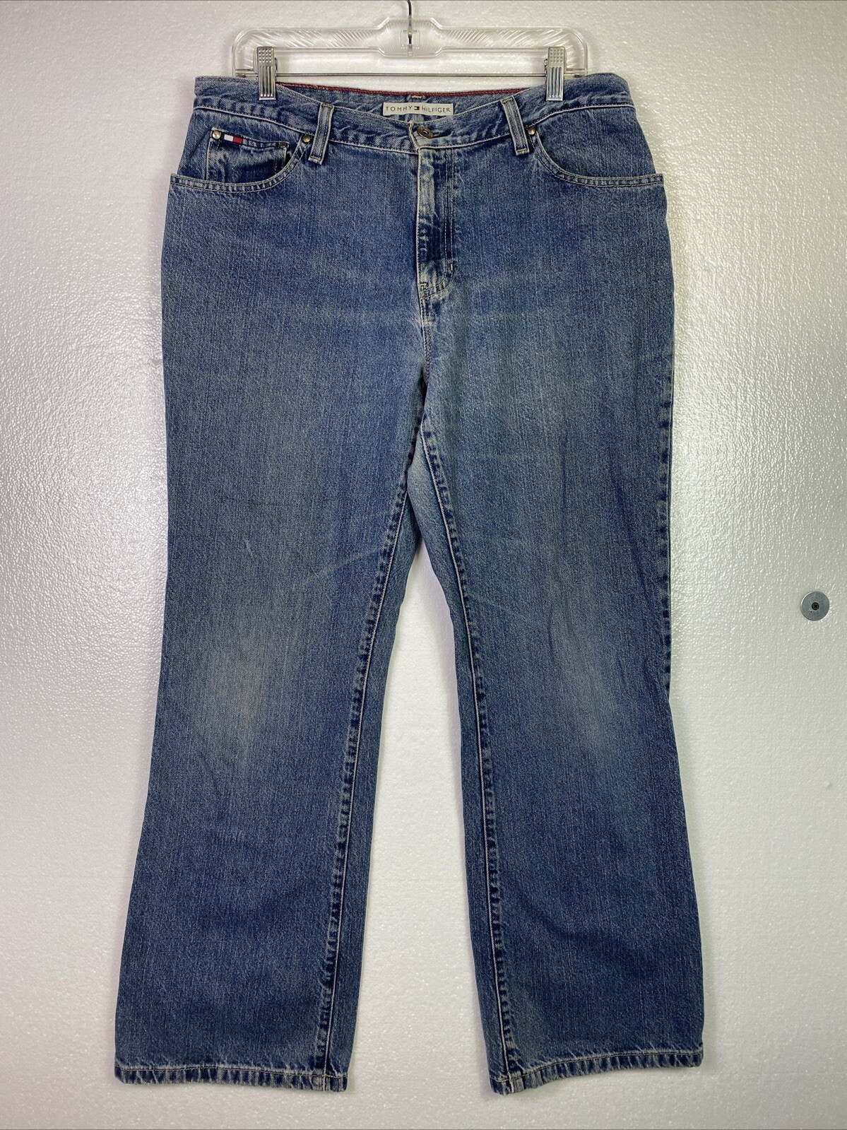 Vtg Tommy Hilfiger Womens Jeans Sz 12 Boot cut Distressed Y2K Retro Flag Logo