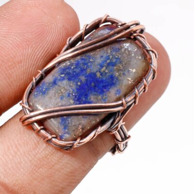 Lapis Lazuli Gemnstone Ring Handmade Ethnic Wire Wrap Copper Jewelry 6.25'' p042