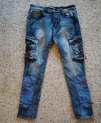 Denimicity Men's DNM-K045 Distressed Nylon Patch Cargo Jeans Blue Size 36