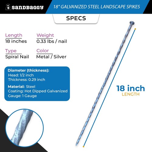 BULK 18 in. Galv. Spiral Landscape Edging Spikes - 1 Gauge Steel - Sandbaggy - Picture 2 of 13