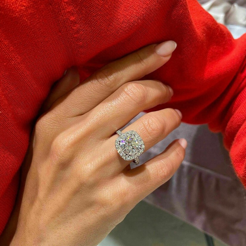 2CT Cushion Lab Created  Moissanite 14k White Gold Plated Halo Engagement Ring