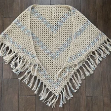 Crochet Poncho Shawl VTG Tan/Blue Sweater Cape OSFA Boho Hippie Cottagecore