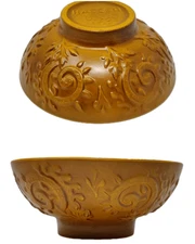 VTG 60s Hager Pottery 102 Footed Bowl Planter Mustard Brown Embossed Scroll 8"D