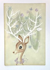 Vintage USED Glittered Christmas Greeting Card Cute Deer Ornaments on Antlers