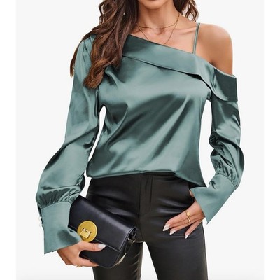 ZAFUL Women's Satin-Silk-Tops Sexy Off The Shoulder Dressy Blouse Size Small