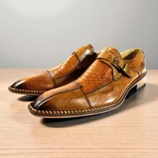 IVAN TROY/Doula Brown Crocodile Print Italian Mens Dress Shoes/Monk Straps/