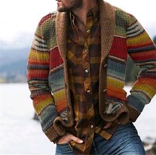 Mens/Unisex Cardigan Knitted Sweaters Striped Long Sleeve Grandpa Core Read 4 Sz