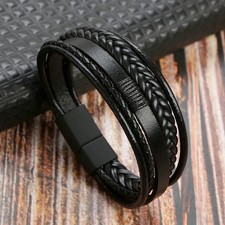 Men's Black Leather Stainless Steel Magnetic Buckle Charm Bracelet Bangle Cuff