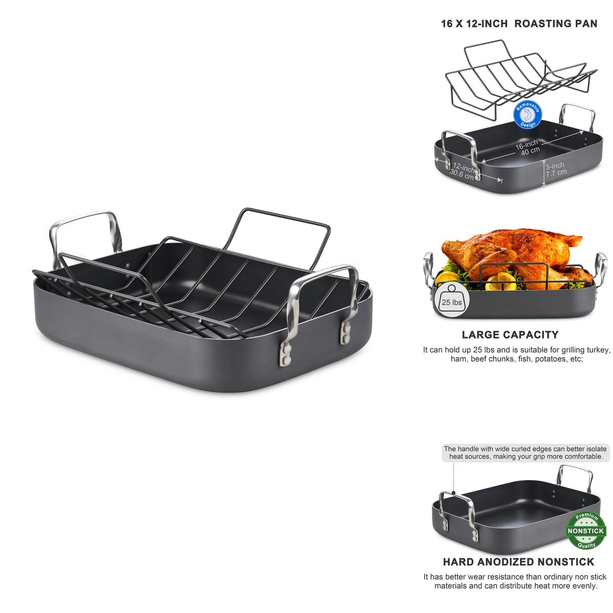 Cooks Standard Turkey Roasting Pan with Rack 16 x 12-Inch Black Hard Anodized