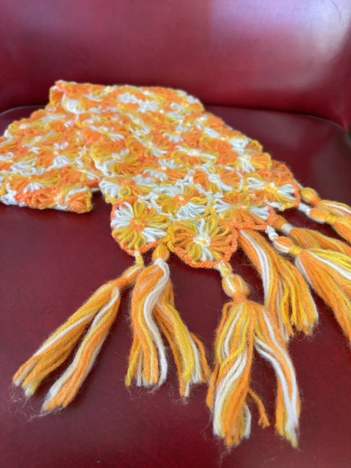 Vintage Fringe Knit Scarf Boho Granny Floral Handmade Orange Yellow Retro White - Image 4 of 4