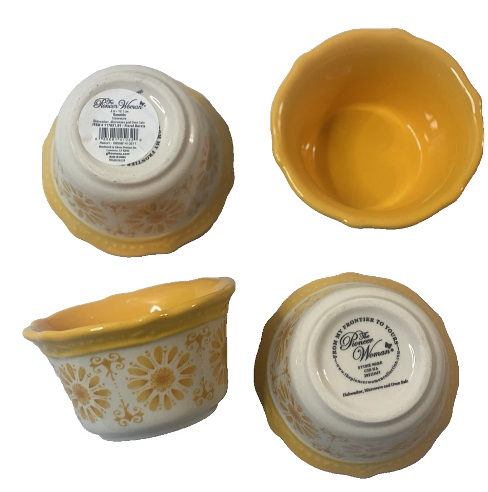 Juego de 4 cuencos Ramekin The Pioneer Woman Florales Bursts de gres amarillo de 2,5" Dip Foto 4 de 4