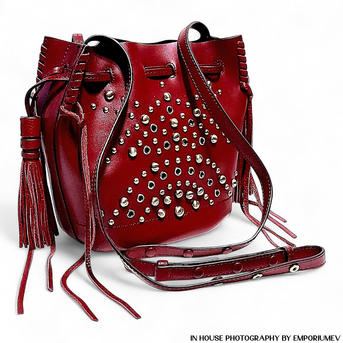 Rebecca Minkoff Studded Bucket Bag in Wine Leather Crossbody