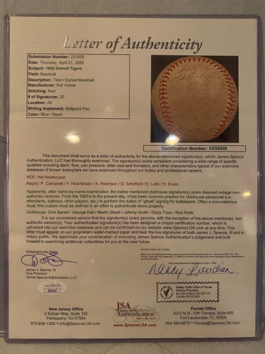 1952 Detroit Tigers Team Signed Baseball 25 Sigs: Newhouser Hutchinson JSA - O - Picture 9 of 9