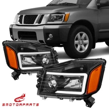 LED DRL Black Headlights Assembly For 2004-2015 Nissan Titan 2004-07 Armada