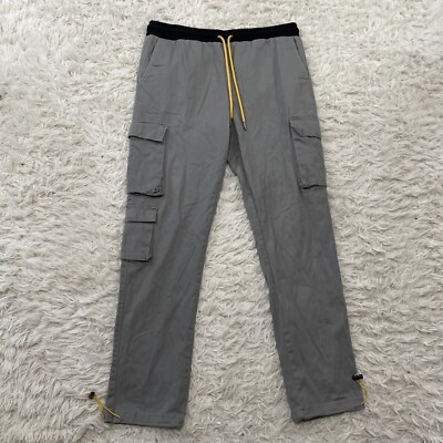 YOUNG & RECKLESS Cargo Pants Men L 34 Gray Yellow Drawstring Cinch Slim Joggers