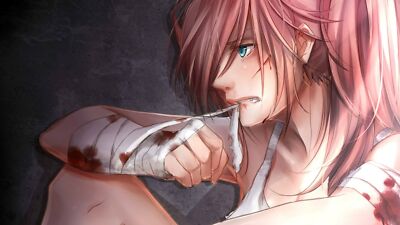 Anime girls wounds blood painful fist redhead face blue playmat gaming mat