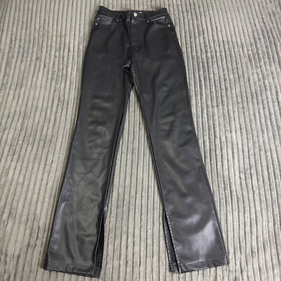 Zara Faux Leather Pants Womens Black Straight Leg Split Hem