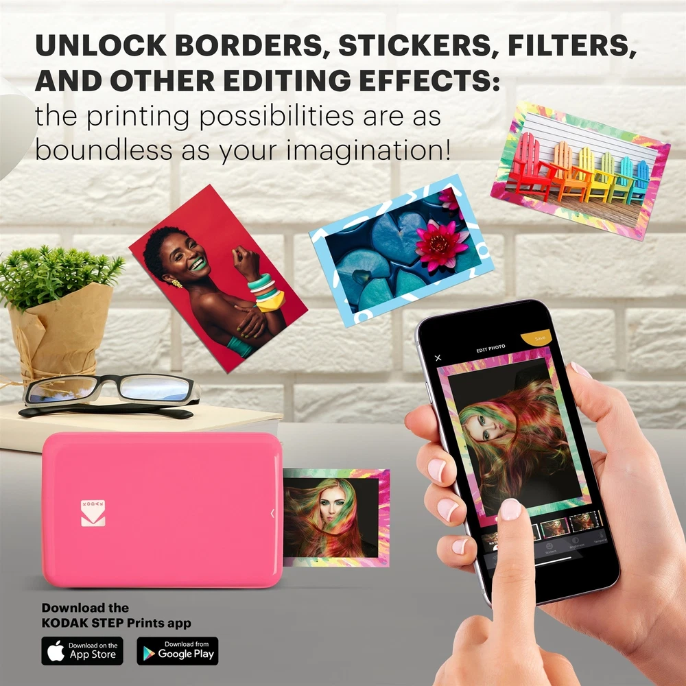 Kodak Step Mobile Instant Photo Printer 2x3" Pink, Photo Paper 75 Sheets Bundle
