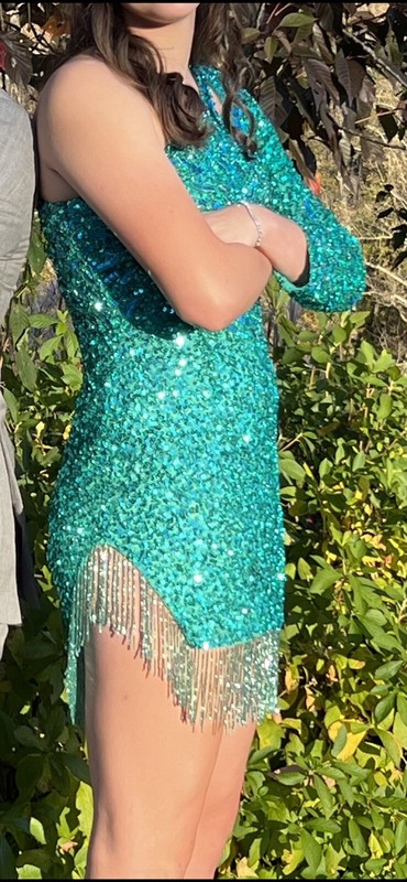 Emerald RACHEL ALLAN SZ 4 HOMECOMING (Cocktail) DRESS, Beaded, Cutout, Fringed