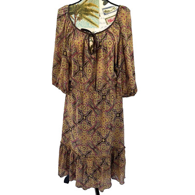 Trina Turk Los Angeles Silk Midi Dress 10 Brown Multicolor Boho Gypsy-*No Belt*