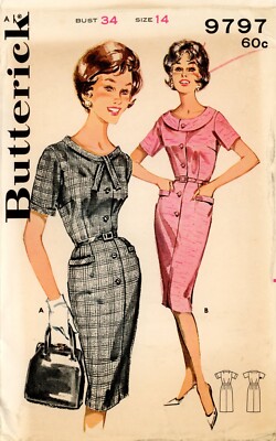 Butterick 9797 Step-In Wiggle Dress w Pleat, Looped Standing Band Collar Sz 14