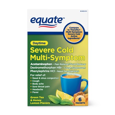 Equate Daytime Severe Cold and Flu Relief Green Tea and Honey Lemon Flavors 6 pa