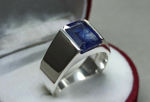 Emerald Cut Natural Blue Sapphire Sterling Silver 925 Handmade Neelam Mens Ring - Picture 4 of 12