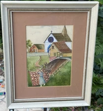 Naive Folk Art “Clothes Line and Church” Colored Pencil Folk Art, Signed Framed