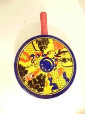 vintage round yellow & blue tin noisemaker - Kirchhof Newark, NJ made in USA