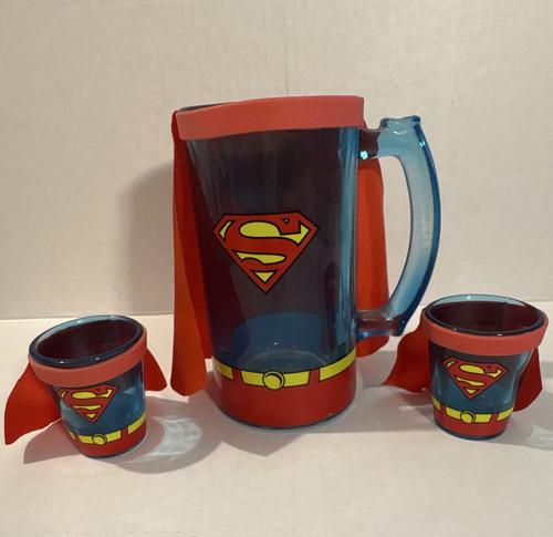 Superman Plastic Beer Mug with Fabric Cape & 2 Matching Cups, Red/Blue/Yellow