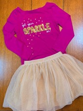 Crazy 8 Girls Long Sleeve Pink Graphic Sparkle Shirt Gold Tulle Skirt Size 5 6