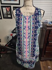 Women's Size 4 Blue/Green Floral Shift Style Sleeveless Poly Dress By Artisanny