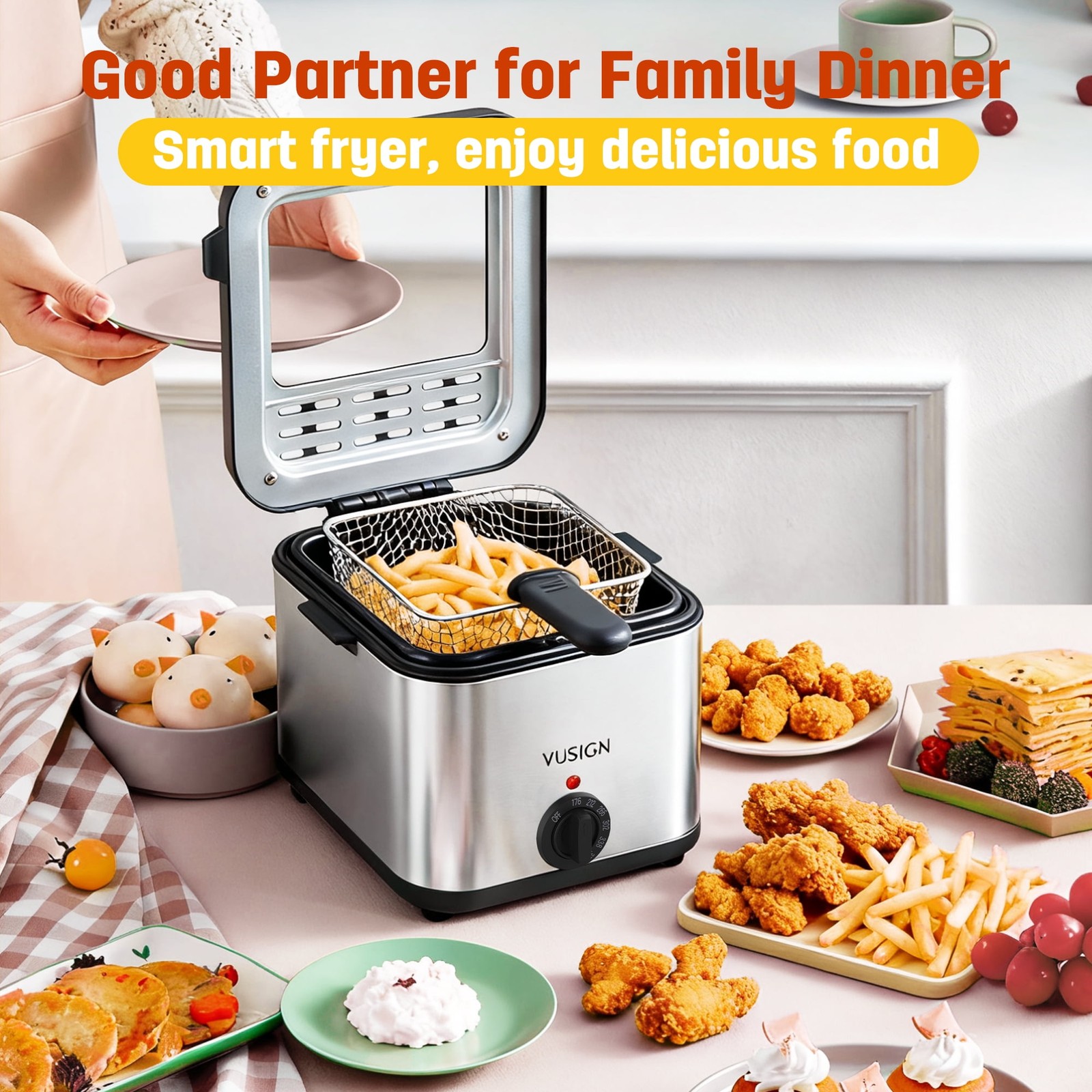 VUSIGN 2.5 QT 1000W Electric Deep Fryer w/ View Window & Adjustable Temp Control