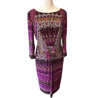 David Meister Sheath Dress Womens 6 Purple Knotted Waist Knit Print