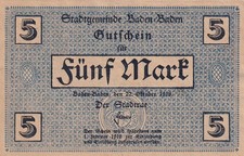 Baden-Baden - Stadt - 5 Mark - Rs. mit Stpl. - ohne KN - entw. - Geiger 026.03b)