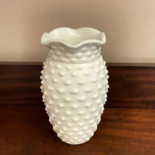 1950's FENTON Hobnail Design MCM White Milk Glass 8" Formal  Flower Display Vase