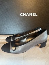  1 Chanel 17A CC Silver Black Pumps Heels Shoes - Size 39.5 - US 9 1/2 - New
