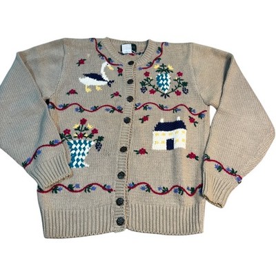 Rosslee Womens Cardigan Sweater Beige Farmhouse Scene Grandma Core Size L