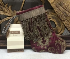 Mini Christmas Stocking Ornament of Antique Textiles by B-VIZ Red w Metallic L12