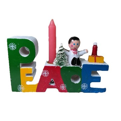 Vintage Words of Christmas Wooden Candle Holder Bottle Brush Tree PEACE In Box