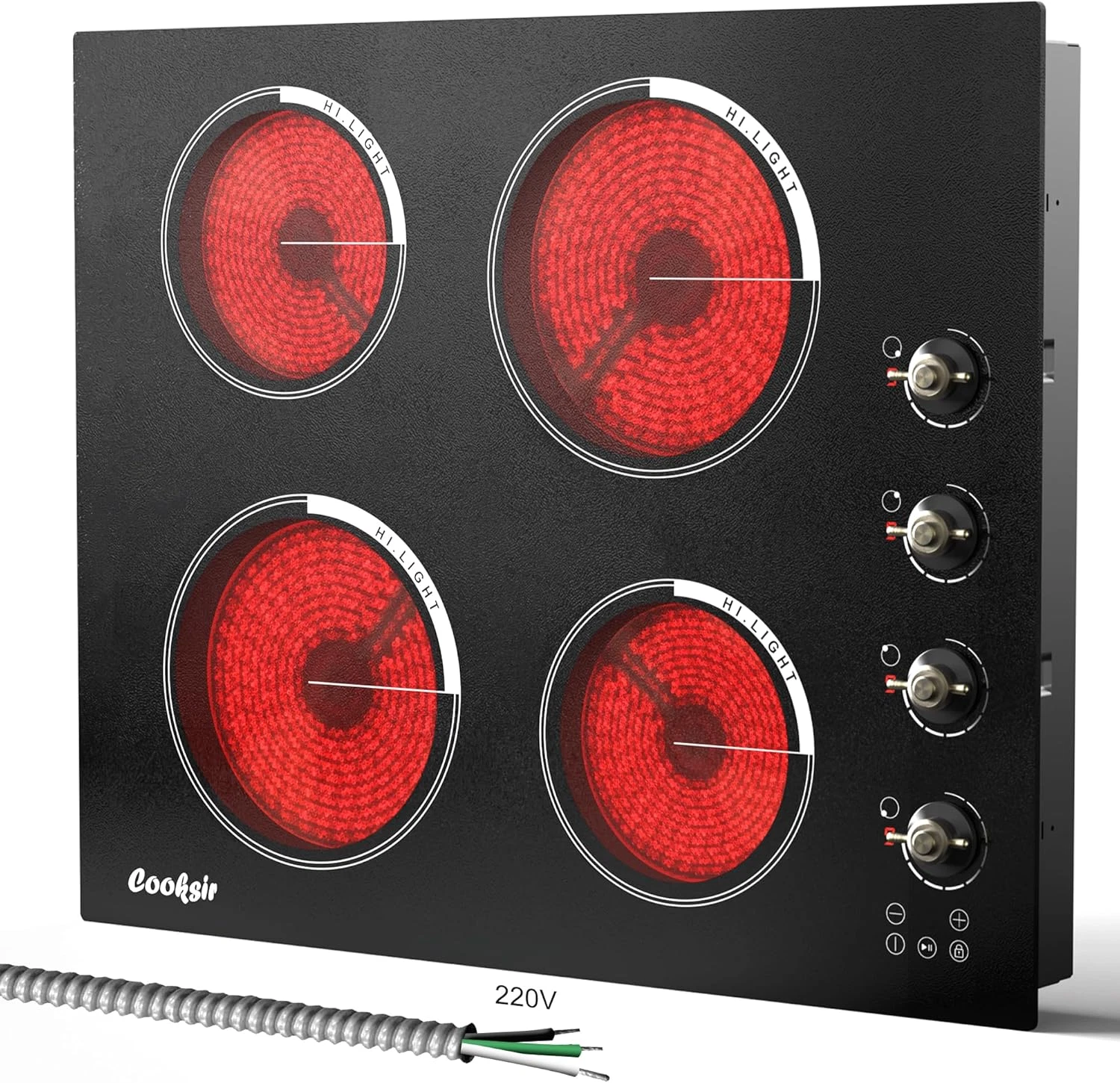 24" Electric Cooktop 4 Burner Glass Ceramic Stove with Timer & Safety Lock